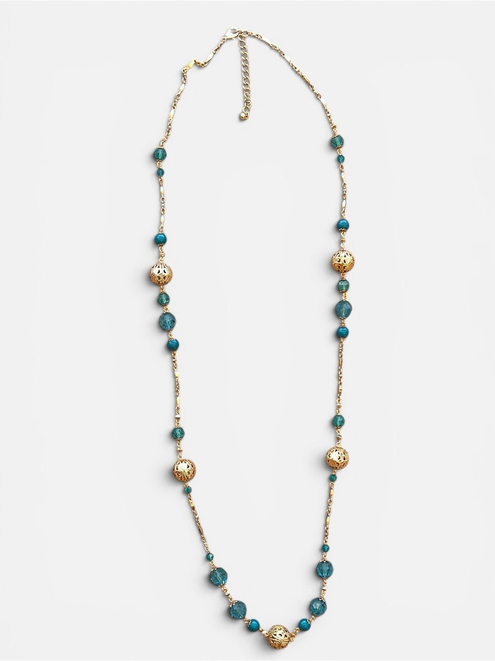 Gold and Teal Beaded Long Chain Statement Necklace